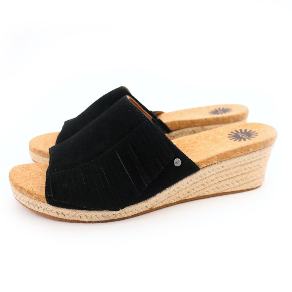 UGG Danes Black Suede Fringe Espadrille Wedges